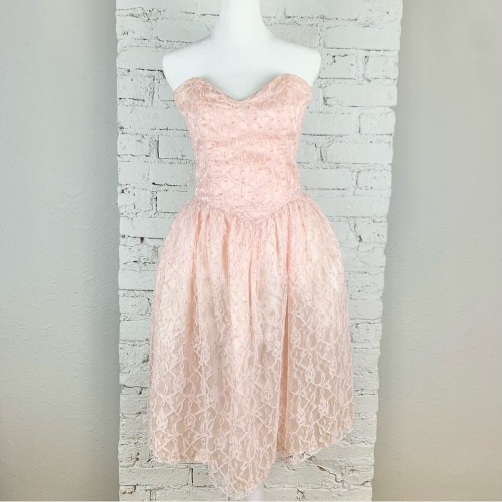 Gunne Sax Jessica McClintock Strapless Pink Glitter Sequin Lace Dress Nylon 7/8